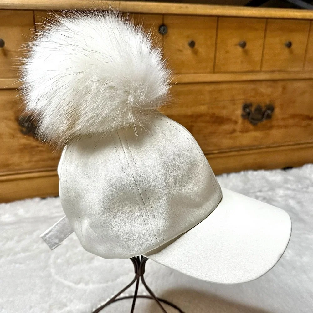 Vera NY Faux Leather Pom Adjustable Cap Hat Off-White Women’s OS
